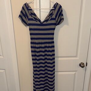 Elegant Blue and Gray Striped Maxi Dress